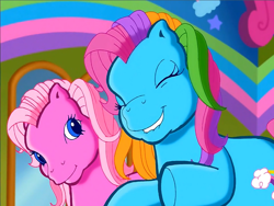 Size: 900x675 | Tagged: safe, screencap, character:pinkie pie (g3), character:rainbow dash (g3), species:earth pony, species:pony, episode:rainbow dash's hat fashion party, g3, meet the ponies, duo, excited, eyes closed, happy, lip bite, looking at someone, raised hoof, raised hooves