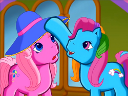 Size: 900x675 | Tagged: safe, screencap, character:pinkie pie (g3), character:rainbow dash (g3), species:earth pony, species:pony, episode:rainbow dash's hat fashion party, g3, meet the ponies, clothing, duo, hat, hoof on head, looking at something, open mouth, smiling, sun hat, surprised