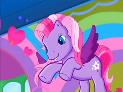 Size: 900x675 | Tagged: safe, screencap, character:starsong, species:pegasus, species:pony, episode:rainbow dash's hat fashion party, g3, meet the ponies, flying, looking down, raised hoof, raised hooves, smiling, solo
