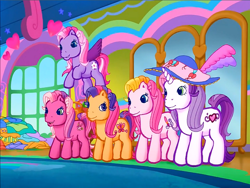 Size: 900x675 | Tagged: safe, screencap, character:cheerilee (g3), character:scootaloo (g3), character:starsong, character:sweetie belle (g3), character:toola roola (g3), species:earth pony, species:pegasus, species:pony, species:unicorn, episode:rainbow dash's hat fashion party, g3, meet the ponies, clothing, feather, flying, hat, looking at each other, looking at someone, open mouth, smiling, sun hat