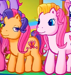 Size: 297x316 | Tagged: safe, screencap, character:scootaloo (g3), character:toola roola (g3), species:earth pony, species:pony, episode:rainbow dash's hat fashion party, g3, meet the ponies, duo, duo focus, lidded eyes, looking at each other, looking at someone