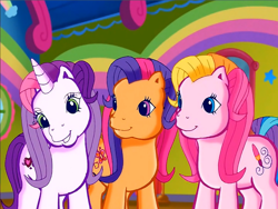 Size: 900x675 | Tagged: safe, screencap, character:scootaloo (g3), character:sweetie belle (g3), character:toola roola (g3), species:earth pony, species:pony, species:unicorn, episode:rainbow dash's hat fashion party, g3, meet the ponies, looking at someone, smiling, trio