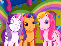 Size: 900x675 | Tagged: safe, screencap, character:scootaloo (g3), character:sweetie belle (g3), character:toola roola (g3), species:earth pony, species:pony, species:unicorn, episode:rainbow dash's hat fashion party, g3, meet the ponies, eyes closed, smiling, trio