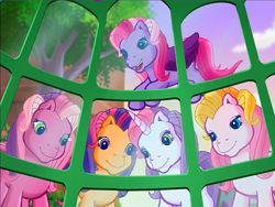 Size: 900x675 | Tagged: safe, screencap, character:cheerilee (g3), character:scootaloo (g3), character:starsong, character:sweetie belle (g3), character:toola roola (g3), species:earth pony, species:pegasus, species:pony, species:unicorn, episode:rainbow dash's hat fashion party, g3, meet the ponies, lidded eyes, looking at something, open mouth, smiling, window