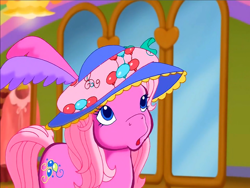 Size: 900x675 | Tagged: safe, screencap, character:pinkie pie (g3), species:earth pony, species:pony, episode:rainbow dash's hat fashion party, g3, meet the ponies, :o, clothing, feather, hat, looking up, mirror, open mouth, ribbon, solo, surprised
