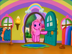 Size: 900x675 | Tagged: safe, screencap, character:pinkie pie (g3), species:earth pony, species:pony, episode:rainbow dash's hat fashion party, g3, meet the ponies, :o, door, house, interior, open door, open mouth, rainbow, rug, scone, solo