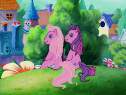 Size: 800x600 | Tagged: safe, screencap, character:pinkie pie (g3), character:sky wishes, species:earth pony, species:pony, episode:friends are never far away, g3, duo, flower, grass, hill, house, outdoors, sitting, tree
