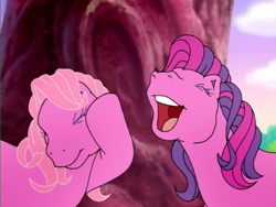 Size: 800x600 | Tagged: safe, screencap, character:pinkie pie (g3), character:sky wishes, species:earth pony, species:pony, episode:friends are never far away, g3, covering ears, covering face, duo, hoof on head, out of context, outdoors, screaming, singing, tree