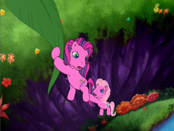 Size: 800x600 | Tagged: safe, screencap, character:pinkie pie (g3), character:sky wishes, species:earth pony, species:pony, episode:friends are never far away, g3, cliff, duo, hang in there, hanging, leaf, river, scared, this will not end well, water