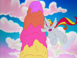 Size: 800x600 | Tagged: safe, screencap, species:pegasus, species:pony, episode:friends are never far away, g3, baby honolu-loo, cloud, female, filly, flying, foal, food, ice cream, outdoors, sky, solo, young