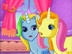 Size: 800x600 | Tagged: safe, screencap, character:brights brightly, character:whistle wishes, species:pony, species:unicorn, episode:the runaway rainbow, g3, duo, faec, open mouth, unicornia, window