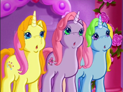 Size: 800x600 | Tagged: safe, screencap, character:brights brightly, character:cheerilee (g3), character:whistle wishes, species:pony, species:unicorn, episode:the runaway rainbow, g3, :o, looking at something, open mouth, trio, unicornia