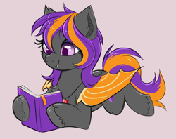 Size: 1710x1352 | Tagged: safe, artist:confetticakez, manebooru original, oc, oc only, oc:bright wings, species:bat pony, species:pony, g4, book, content, cute, fangs, happy, hooves out, lying down, reading, sharp teeth, simple background, solo, stream request, stream result, unshorn fetlocks