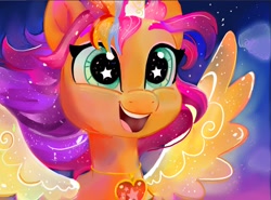 Size: 2012x1492 | Tagged: safe, artist:swirlmlp69768, character:sunny starscout, species:alicorn, species:earth pony, species:pony, g5, alicornified, artificial horn, artificial wings, augmented, cute, female, happy, heart locket, horn, locket, magic, magic horn, magic wings, mane stripe sunny, mare, open mouth, open smile, race swap, rainbow of light, smiling, solo, spread wings, starry eyes, sunnybetes, sunnycorn, wingding eyes, wings