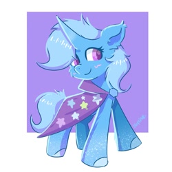 Size: 820x820 | Tagged: safe, artist:skylinepony_, character:trixie, species:pony, species:unicorn, g4, blushing, cape, clothing, cute, diatrixes, female, mare, smiling, solo, trixie's cape