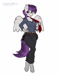 Size: 2634x3408 | Tagged: safe, alternate version, artist:dandy, oc, oc only, species:anthro, species:pegasus, species:pony, species:unguligrade anthro, belt, clothing, commission, ear fluff, eyebrows, eyelashes, feathered wings, female, glasses, looking at you, mare, pants, shirt, simple background, smiling, solo, tail, white background, wings