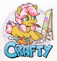 Size: 1734x1836 | Tagged: safe, artist:dandy, character:kettle corn, species:earth pony, species:pony, g4, badge, bow, canvas, cute, eyebrows, eyebrows visible through hair, eyelashes, female, hair bow, holding, lying down, mare, mouth hold, paintbrush, painting, palette, smiling, solo, tail, tail bow