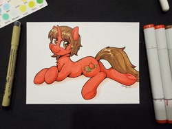 Size: 2048x1536 | Tagged: safe, artist:dandy, oc, oc only, species:pony, species:unicorn, ambiguous gender, commission, dock, eyelashes, looking at you, lying down, marker drawing, simple background, smiling, solo, tail, traditional art, white background