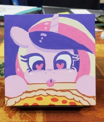 Size: 1752x2048 | Tagged: safe, artist:dandy, character:princess cadance, species:alicorn, species:pony, g4, eyelashes, female, food, heart eyes, horn, mare, peetzer, pizza, solo, tongue out, traditional art, wingding eyes