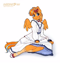 Size: 2719x2866 | Tagged: safe, artist:dandy, oc, oc only, species:anthro, species:pegasus, species:pony, ballet slippers, bow, clothing, commission, crossdressing, cute, dress, feathered wings, hair bow, looking at you, male, ocbetes, simple background, smiling, socks, solo, spread wings, stallion, white background, wings