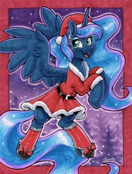 Size: 1791x2360 | Tagged: safe, artist:dandy, character:princess luna, species:alicorn, species:pony, g4, belt, christmas, clothing, commission, complex background, costume, cute, ethereal mane, eyelashes, female, flying, forest, galaxy mane, hat, holiday, horn, lunabetes, mare, marker drawing, open mouth, santa costume, santa hat, snow, snowfall, solo, traditional art