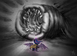 Size: 1000x721 | Tagged: safe, artist:leiladrake, character:twilight sparkle, character:twilight sparkle (alicorn), species:alicorn, species:pony, species:sandworm, species:shai-hulud, g4, dune, female, mare, monster, ponified, rear view, signature, size difference, species swap, spread wings, teeth, wings