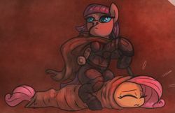 Size: 1273x826 | Tagged: safe, artist:t72b, character:fluttershy, character:maud pie, species:earth pony, species:pony, species:sandworm, species:shai-hulud, g4, blanket burrito, cape, clothing, colored pupils, crossover, dune, eyes closed, female, fremen, mare, maud'dib, parody, pun, science fiction, shy-hulud, sitting, spice, stillsuit, visual gag