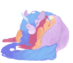 Size: 1000x850 | Tagged: safe, artist:bananasmores, character:izzy moonbow, character:sunny starscout, species:earth pony, species:pony, species:unicorn, ship:starbow, g5, butt pillow, cuddling, cute, duo, duo female, eyes closed, female, gradient hair, izzybetes, lesbian, lying down, mare, multicolored hair, shipping, simple background, sleeping, smiling, sunnybetes, white background