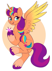 Size: 1031x1400 | Tagged: safe, artist:lulubell, character:sunny starscout, species:alicorn, species:earth pony, species:pony, g5, my little pony: a new generation, alicornified, coat markings, colored hooves, colored wings, cute, female, gem, gradient wings, happy, heart, hoof heart, hooves, looking at you, magic horn, magic wings, mane stripe sunny, mare, multicolored hair, multicolored wings, open mouth, open smile, race swap, simple background, smiling, smiling at you, socks (coat marking), solo, spread wings, sunnybetes, sunnycorn, tail, two toned tail, underhoof, unshorn fetlocks, upside-down hoof heart, white background, wings