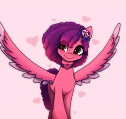 Size: 1776x1680 | Tagged: safe, artist:_alixxie_, character:ruby jubilee, species:pegasus, species:pony, episode:bridlewoodstock, g5, my little pony: make your mark, my little pony: make your mark chapter 4, spoiler:my little pony: make your mark chapter 4, spoiler:mymc04e01, bridlewoodstock (make your mark), colored wings, cute, eye clipping through hair, female, flower, flower in hair, gradient hair, heart, mare, multicolored hair, multicolored wings, pink background, simple background, smiling, solo, spread wings, two toned wings, wings