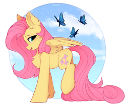Size: 3703x3131 | Tagged: safe, artist:leraponyartist, artist:lerkfruitbat, character:fluttershy, species:pegasus, species:pony, g4, butterfly, chest fluff, cute, ear fluff, eyebrows, female, high res, leg fluff, looking at you, mare, open mouth, open smile, partially open wings, profile, raised leg, shyabetes, signature, smiling, smiling at you, solo, wings
