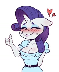 Size: 1084x1324 | Tagged: safe, artist:dandy, character:rarity, species:anthro, species:pony, species:unicorn, g4, big breasts, blushing, breasts, busty rarity, cleavage, clothing, colored eyebrows, dress, eyebrows, eyelashes, eyes closed, eyeshadow, female, floating heart, heart, horn, implied lesbian, implied shipping, makeup, mare, shipping, smiling, solo