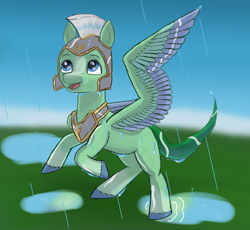 Size: 2064x1898 | Tagged: safe, anonymous artist, derpibooru original, character:thunder flap, species:pegasus, species:pony, g5, colored hooves, cute, guard, happy, helmet, hooves, male, open mouth, outdoors, pegasus royal guard, puddle, rain, royal guard, solo, spread wings, stallion, unshorn fetlocks, wet, wings