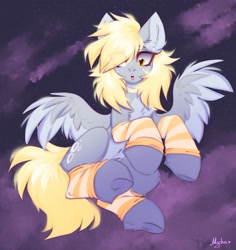 Size: 2000x2117 | Tagged: safe, artist:mysha, artist:mysha_arts, character:derpy hooves, species:pegasus, species:pony, g4, :o, belly button, chest fluff, clothing, cloud, cute, derpabetes, ear fluff, eye clipping through hair, female, flying, freckles, high res, leg fluff, leg warmers, looking at you, mare, night, night sky, open mouth, pale belly, purple background, signature, simple background, sky, solo, spread wings, stars, underhoof, wings