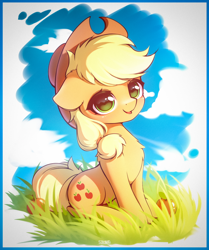 Size: 3400x4062 | Tagged: safe, artist:stahlkat, character:applejack, species:earth pony, species:pony, g4, apple, apple family member, applejack's hat, chest fluff, clothing, cowboy hat, cute, female, floppy ears, food, grass, hat, high res, jackabetes, looking at you, mare, open mouth, open smile, sitting, smiling, smiling at you, solo, stetson