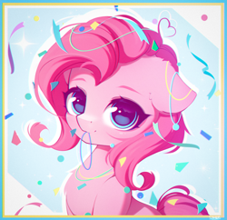 Size: 2505x2422 | Tagged: safe, artist:stahlkat, character:pinkie pie, species:earth pony, species:pony, g4, confetti, cute, diapinkes, eyebrows, female, floppy ears, high res, looking at you, mare, smiling, smiling at you, solo