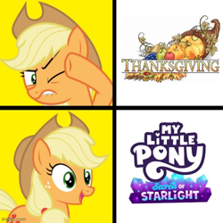 Size: 500x500 | Tagged: artist needed, safe, screencap, character:applejack, episode:secrets of starlight, g4, g5, my little pony: make your mark, my little pony: make your mark chapter 6, apple family member, drake, meme, ponified, ponified meme, thanksgiving