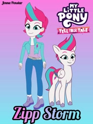 Size: 1152x1536 | Tagged: safe, artist:jenna56, character:zipp storm, species:eqg human, species:human, species:pegasus, species:pony, g5, my little pony: tell your tale, equestria girls (g5), equestria girls-ified, female, g5 to equestria girls, generation leap, gradient background, human ponidox, humanized, logo, mare, multicolored hair, ponidox, self paradox, self ponidox, species swap
