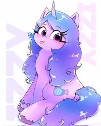 Size: 1638x2048 | Tagged: safe, artist:leo19969525, character:izzy moonbow, species:pony, species:unicorn, g5, blep, bracelet, colored hooves, cute, female, gradient hair, hooves, izzybetes, jewelry, looking at you, mare, multicolored hair, simple background, sitting, solo, tongue out, unshorn fetlocks, white background