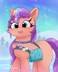 Size: 1638x2048 | Tagged: safe, artist:leo19969525, character:sunny starscout, species:earth pony, species:pony, episode:secrets of starlight, g5, my little pony: make your mark, my little pony: make your mark chapter 6, bag, button, cute, female, fluttershy's cutie mark, heart locket, jewelry, locket, mane stripe sunny, mare, missing cutie mark, necklace, open mouth, open smile, rainbow dash's cutie mark, saddle bag, satchel, smiling, snow, solo, sunny's buttons, sunnybetes, twilight's cutie mark, winter