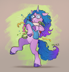 Size: 1723x1792 | Tagged: safe, artist:birdoffnorth, character:izzy moonbow, species:pony, species:unicorn, g5, abstract background, belly, bipedal, bracelet, carrying, colored hooves, confetti, cute, female, floppy ears, glasses, gradient hair, hoof heart, hooves, izzybetes, jewelry, looking down, mare, multicolored hair, open mouth, paintbrush, signature, solo, underhoof, unshorn fetlocks