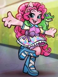 Size: 700x934 | Tagged: safe, artist:sparkytopia, character:gummy, character:pinkie pie, species:eqg human, species:human, g4, my little pony:equestria girls, alligator, boots, clothing, cute, diapinkes, female, male, open mouth, open smile, ponied up, pony ears, shoes, smiling