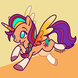 Size: 1280x1280 | Tagged: safe, artist:sparkytopia, character:sunny starscout, species:alicorn, species:earth pony, species:pony, g5, alicornified, coat markings, colored eyebrows, colored hooves, cute, doodle, eyebrows, female, flying, hooves, magic horn, magic wings, mare, no pupils, open mouth, open smile, race swap, signature, simple background, smiling, socks (coat marking), solo, sunnybetes, sunnycorn, three quarter view, unshorn fetlocks