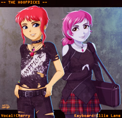 Size: 1200x1168 | Tagged: safe, artist:uotapo, idw, species:eqg human, species:human, g5, bag, belt, bracelet, cherry (g5), choker, clothing, duo, ear piercing, earring, ellie lane, equestria girls (g5), equestria girls-ified, female, g5 to equestria girls, generation leap, grin, jewelry, necklace, nonbinary, pants, piercing, ripped pants, shirt, skirt, smiling, species swap, spiked choker, t-shirt, the hoofpicks, torn clothes