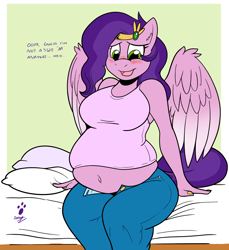 Size: 1796x1958 | Tagged: safe, artist:duragan, character:pipp petals, species:anthro, species:pegasus, g5, my little pony: a new generation, adipipp, bbw, blushing, breasts, busty pipp petals, chubby, circlet, clothing, denim, dialogue, fat, female, gradient background, green background, implied weight gain, jeans, jewelry, looking at self, need to go on a diet, need to lose weight, not pregnant, pants, pipp is chubby, pipp wings, plump, popped button, shirt, simple background, sitting on bed, t-shirt, talking to herself, text, tiara, tight clothing, wardrobe malfunction, weight gain, wing fluff, wings