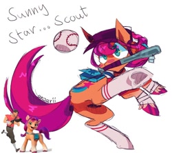 Size: 640x568 | Tagged: safe, artist:anwa-gows-uwu, character:sunny starscout, species:earth pony, species:human, species:pony, g5, my little pony: a new generation, ball, baseball, baseball bat, butt, cap, clothing, coat markings, colored, colored hooves, colored sketch, crossover, dock, female, hat, holding, hooves, male, mare, mouth hold, name pun, plot, pun, reference, scout, signature, simple background, sketch, socks, socks (coat marking), solo, sports, sunny starbutt, tail, team fortress 2, text, toy, unshorn fetlocks, video game, visual gag, weapon, white background