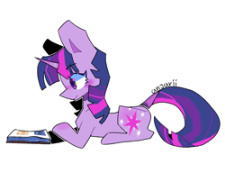 Size: 1114x854 | Tagged: safe, artist:anwa-gows-uwu, character:twilight sparkle, character:twilight sparkle (unicorn), species:pony, species:unicorn, g4, book, cute, eyebrows, eyebrows visible through hair, female, lying down, mare, profile, prone, signature, simple background, solo, twiabetes, white background