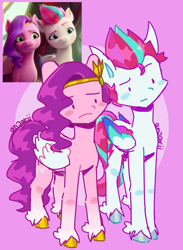 Size: 612x837 | Tagged: safe, artist:anwa-gows-uwu, character:pipp petals, character:zipp storm, species:pegasus, species:pony, g5, my little pony: a new generation, circlet, colored eyebrows, colored hooves, eyebrows, female, hooves, mare, pink background, pipp wings, raised eyebrow, scene interpretation, screencap reference, signature, simple background, unshorn fetlocks