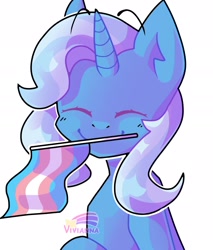 Size: 1628x1912 | Tagged: safe, artist:anwa-gows-uwu, character:trixie, species:pony, species:unicorn, g4, eyebrows, eyes closed, female, floating eyebrows, gender headcanon, holding, mare, mouth hold, pride, pride flag, signature, simple background, smiling, solo, trans trixie, transgender, transgender pride flag, white background
