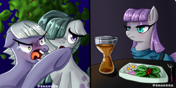 Size: 2683x1355 | Tagged: safe, artist:shakoba, character:limestone pie, character:marble pie, character:maud pie, character:pinkie pie, species:earth pony, species:pony, g4, 2 panel comic, angry, comedy, comic, crying, female, food, funny, herbivore, mare, meme, pie sisters, ponified animal photo, salad, siblings, sisters, trio, woman yelling at a cat